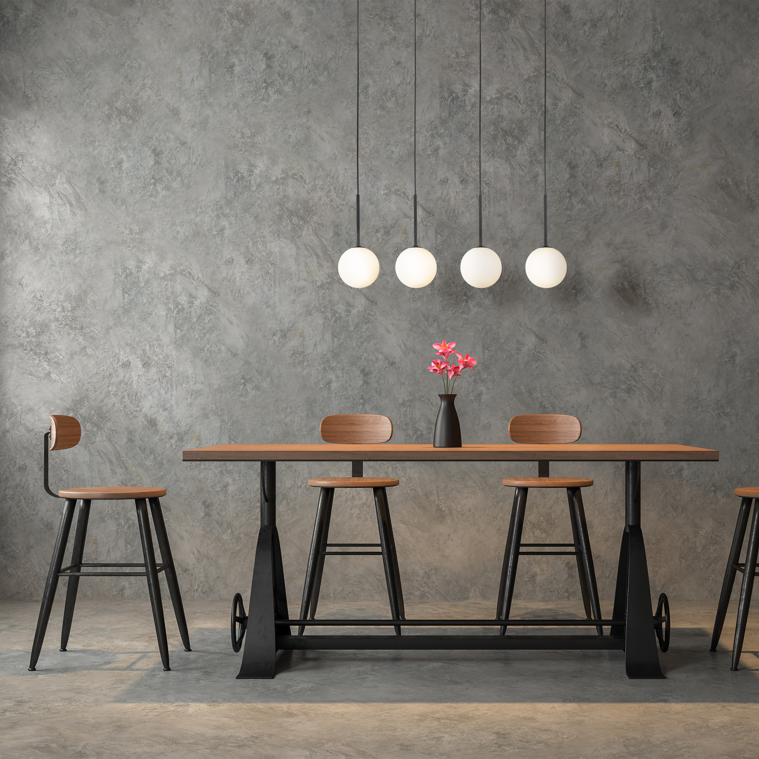 Loft style dining room with polished cocrete 3d render,Furnished