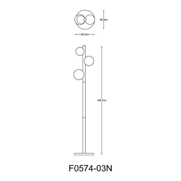 Dimenzije FORES F0574-03N-V6AA: visina 159,7 cm; širina 28 cm; ukupna dubina prema crtežu 29,2 cm