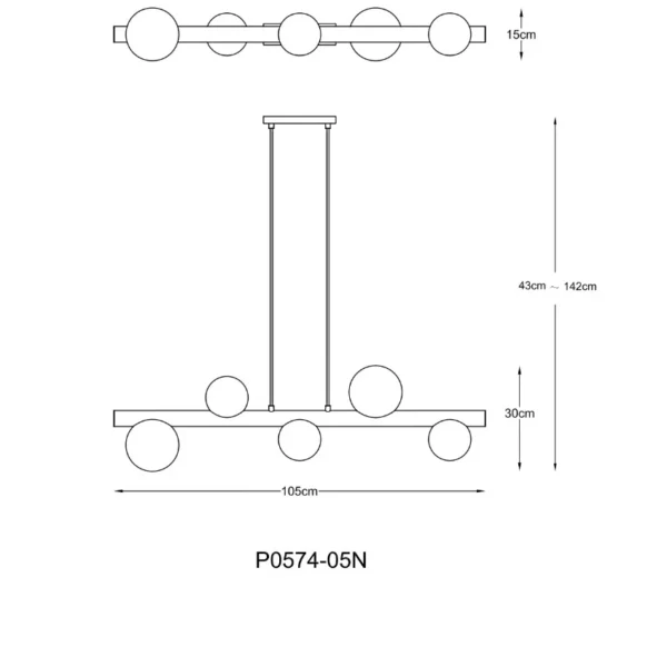 Dimenzije FORES P0574-05N-V6AA: dužina 105 cm; širina 15 cm; visina 43–142 cm